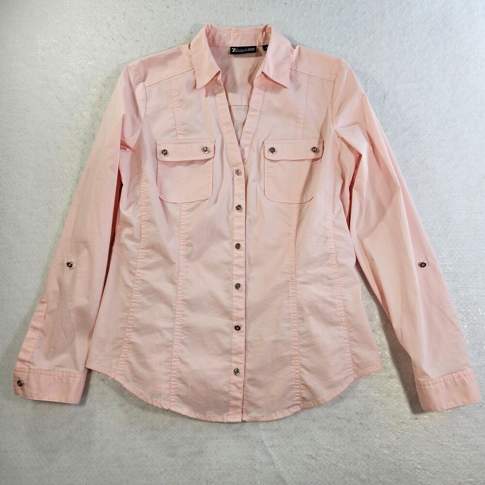 7th Ave Design Studio NY & Co Shirt Women Size M Pink Button Up Roll Tab Sleeve
